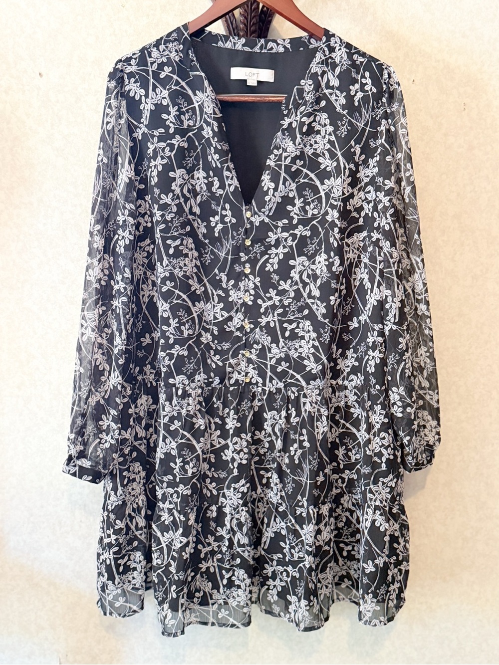 LOFT Black Floral Mini Dress Botanical Print Sheer Long Sleeve Button Front EUC - Picture 2 of 7